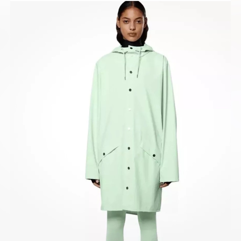 NWT RAINS Unisex Green Long Jacket Raincoat Full Snap Hood Pockets -Size M, L